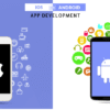 Illustration of a developer working on iOS and Android app software development, showcasing the creation and deployment of mobile applications