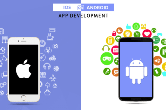 Illustration of a developer working on iOS and Android app software development, showcasing the creation and deployment of mobile applications